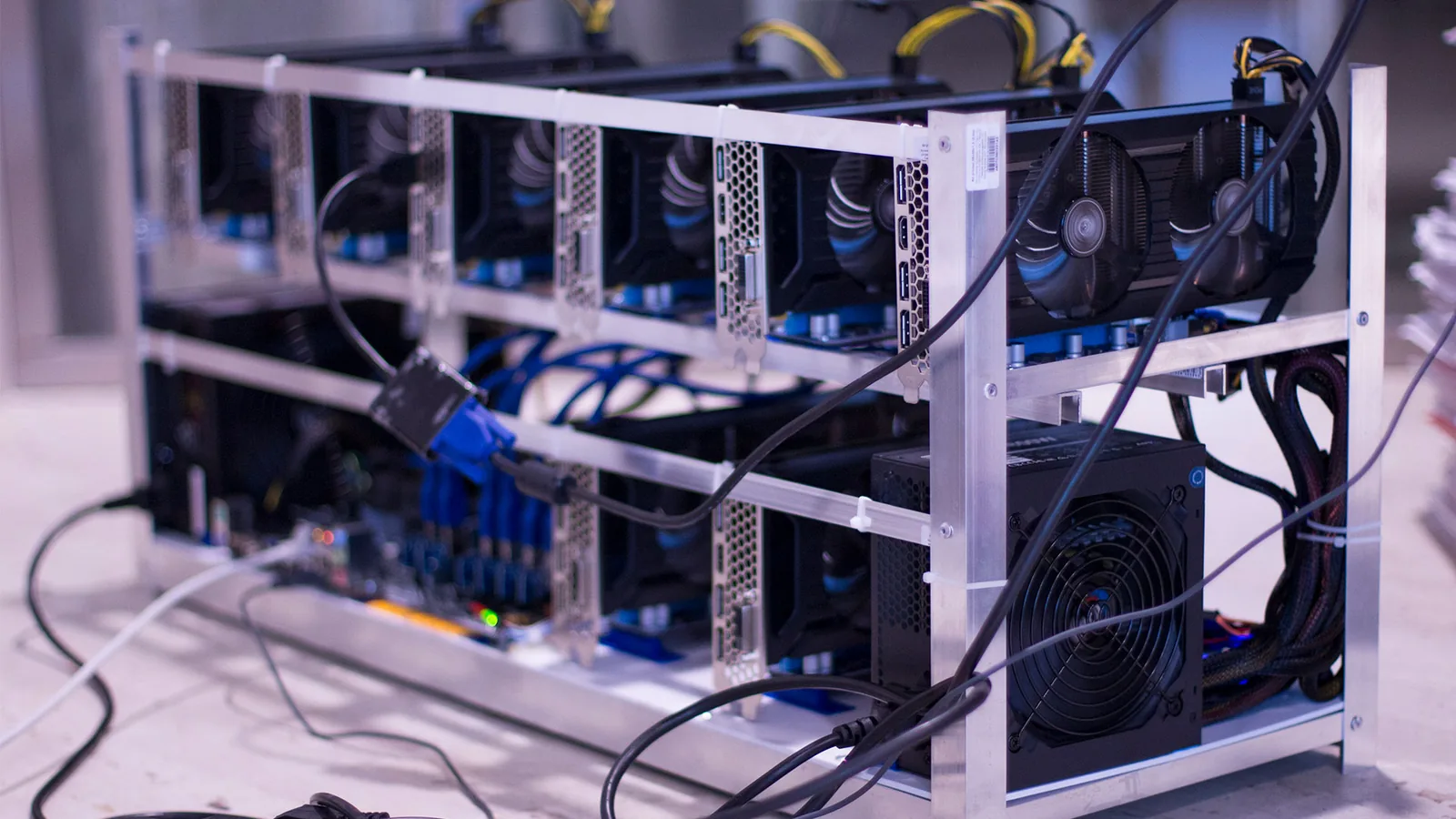 A bitcoin mining rig, the computer hardware built specifically to mine cryptocurrency.