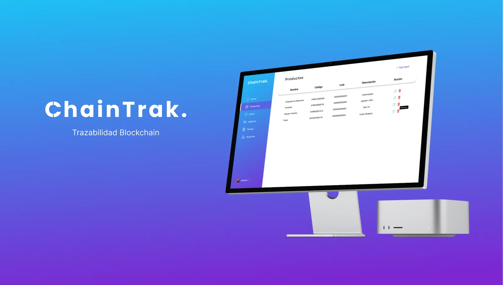 ChainTrak dashboard, the blockchain traceability platform, showing the product list with its code and batch.